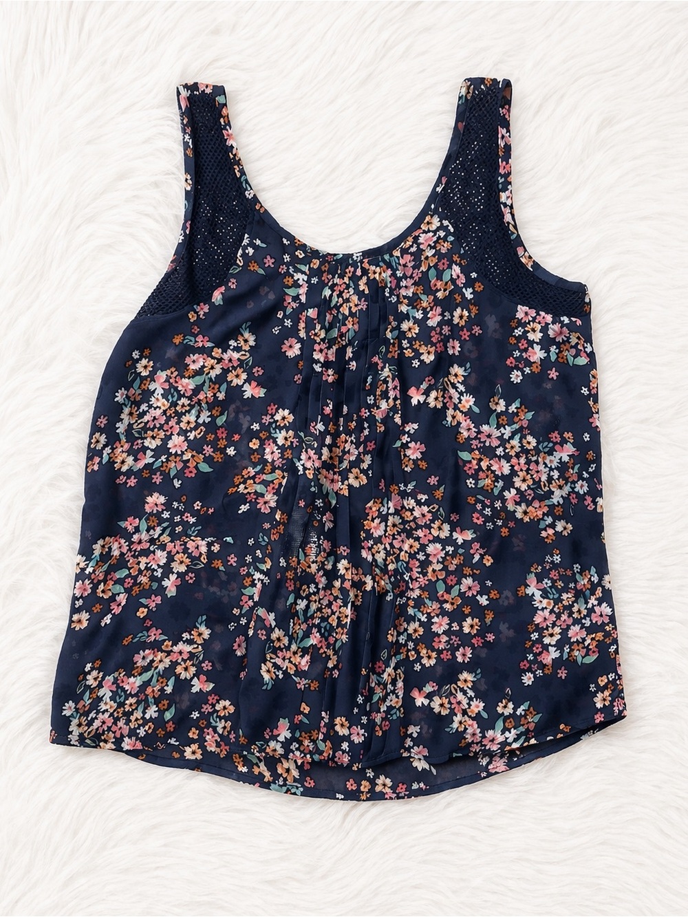 Maurices Floral Sheer Tank Blouse Medium Boho Cottagecore Sleeveless Top Navy
